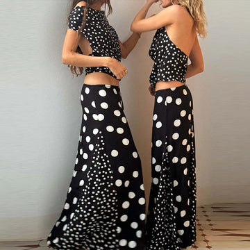 MQTIME  -  Sexy Swing Collar Tops & Long Skirt Suit Women Elegant Simple Polka Dot Print Party Skirt Outfits Casual Sleevless Slim 2Pc Sets